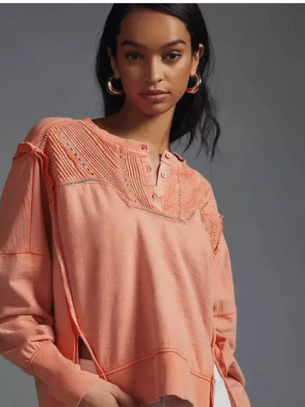 Pilcro Anthropologie Coral Pintuck Sweatshirt Boho Pullover Top